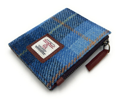 Women's Harris Tweed Blue Check Real Leather Small Bifold Wallet, Card Holder with Zipper Coin Purse Pocket
