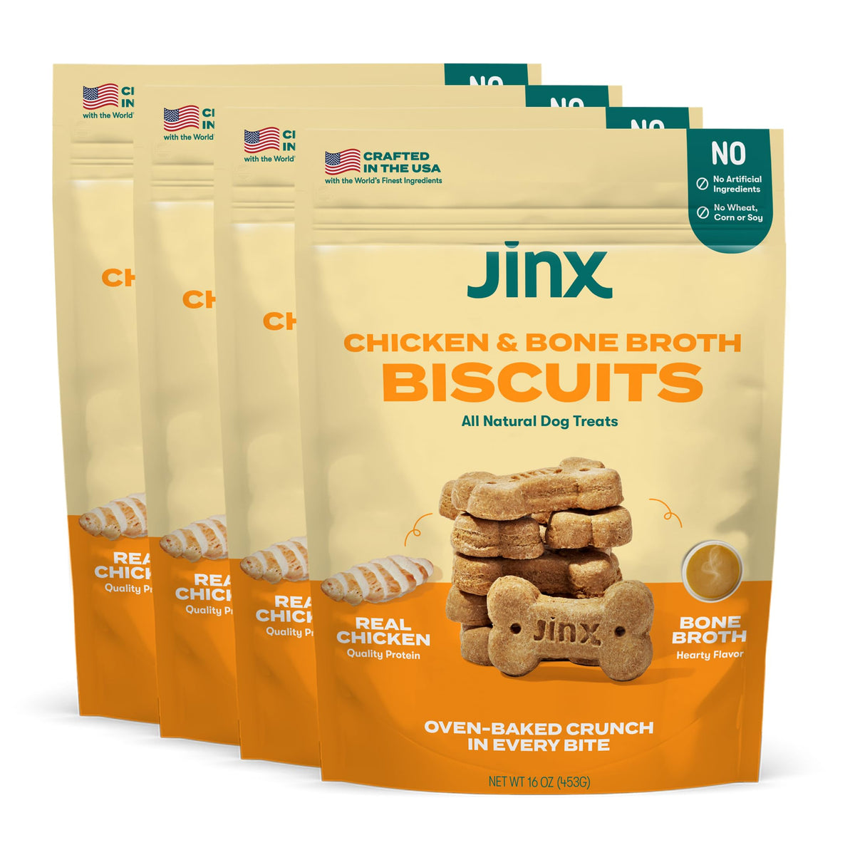 Jinx Chicken Bone Broth Biscuits Natural Crunchy Dry Dog Treats - Made with Oven-Baked Real Chicken & Bone Broth, for Puppies, Adult, and Senior Dogs, 4-Pack, 16 oz. Bag Value Pack