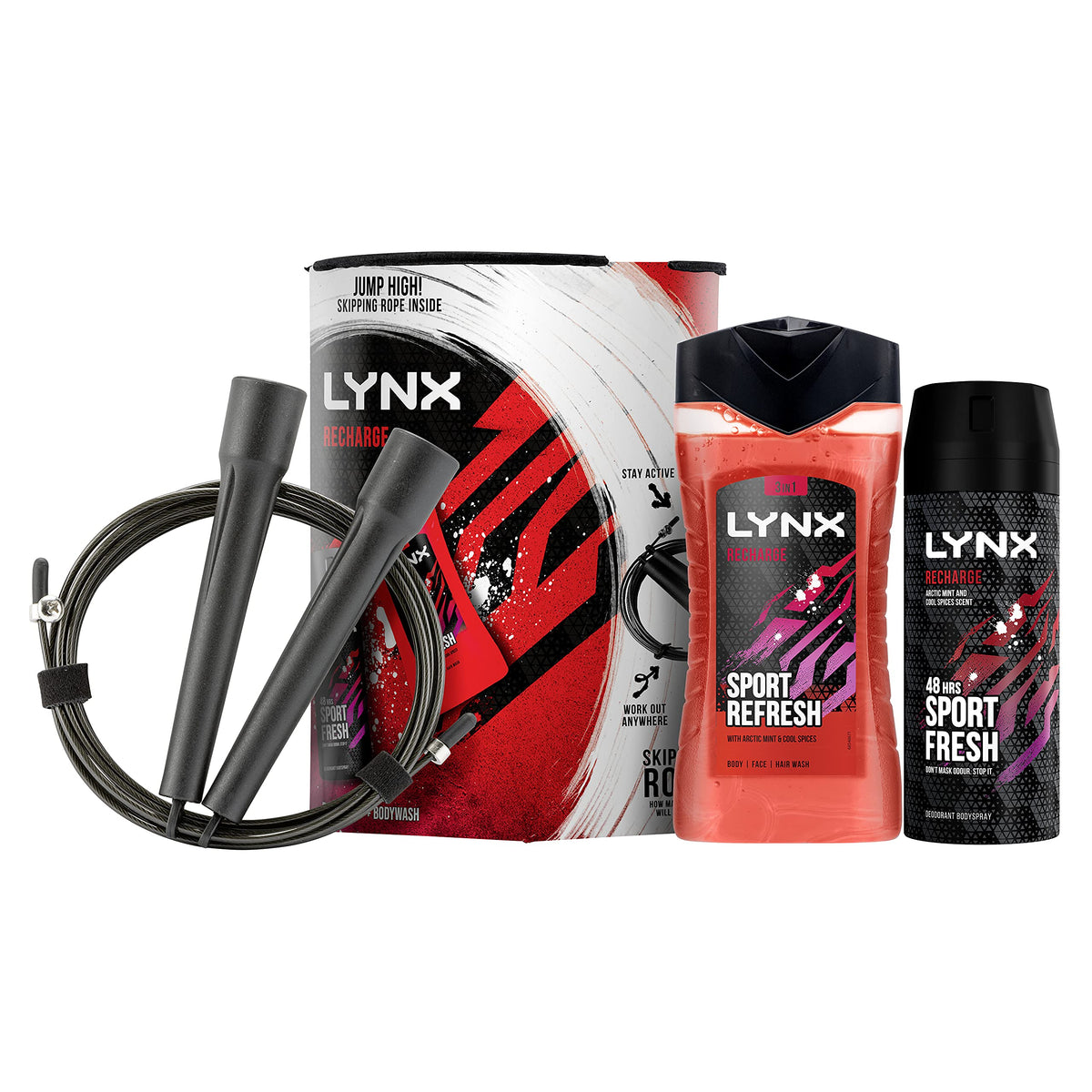 Lynx Recharge Sport Fresh Duo - Shower Gel and Body Spray with Gym Skipping Rope Set for Men 3 Piece