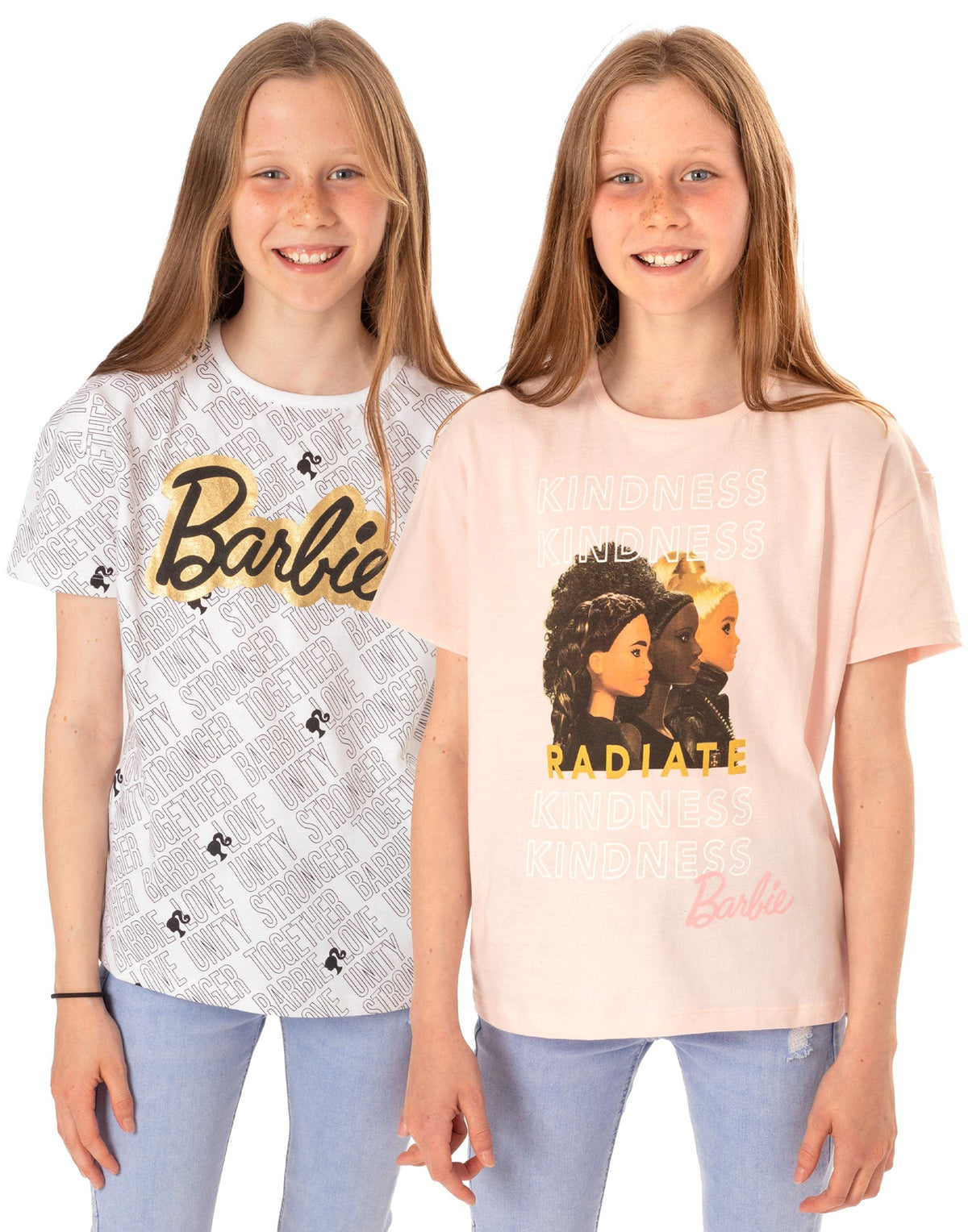 Barbie T-Shirt for Girls 2 Pack | Kids Inspiring Doll Logo Pink White Short Sleeve Top | Kindness Love Unity Clothes 7-8 Years