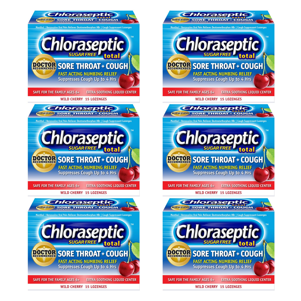 Chloraseptic Total Sore Throat + Cough Lozenges, Sugar-Free Wild Cherry Flavor, 15 CT, 6 Pack