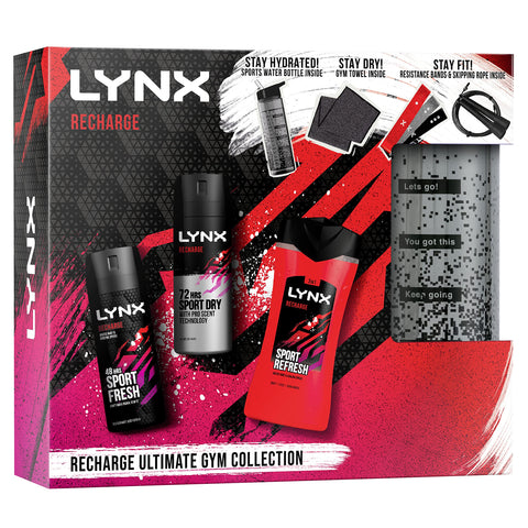 LYNX Recharge Sport Fresh Ultimate Gym Equipment Collection with Resistance Bands Skipping Rope Water Bottle and Gym Towel Gift Set Festive gifts for Men Piece of 3