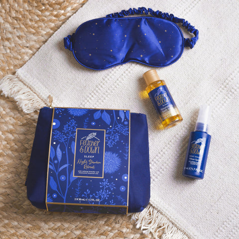 Feather and Down Night Garden Retreat Gift Set - Lavender and Chamomile Bubble Bath and Pillow Spray Bath Set with Eye Mask and Luxury Travel Pouch - Relaxing Gifts for Women, Vegan Friendly.
