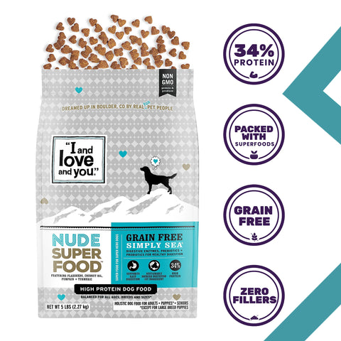 "I and love and you" Nude Superfood Dry Dog Food - Grain Free Kibble, Prebiotics & Probiotics, Whitefish + Salmon, 5-Pound