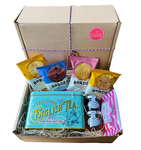 Tea Gift Set Hamper with Biscuits. English Breakfast Tea in Vintage Tin, British Jam, Marmalad & Border Biscuits. Luxury mini Hamper for Men, Women or small Afternoon tea gift.