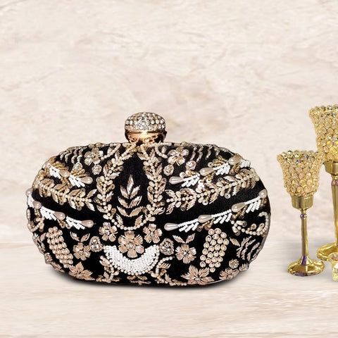 Artflyck Zari Embroidered Detachable Women Weddings and Parties Pearl Bridal Clutch Black