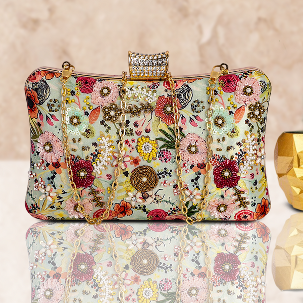 ArtFlyck Floral Hand Embroidered Rectangular Shape Designer Evening Bags Multi Color