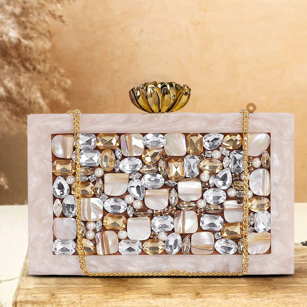 Artflyck rectabgular Moon Stone Resin Clutch with a detachable Chain