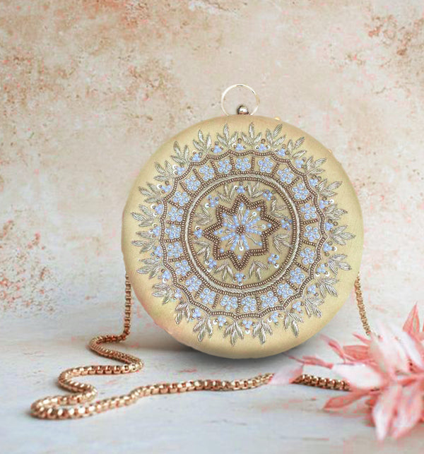 ArtFlyck Zari Embroidered round velvet pearl clutch with a detachable chain, golden