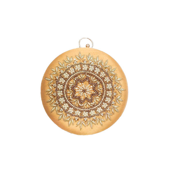 ArtFlyck Zari Embroidered round velvet pearl clutch with a detachable Chain, Mustard