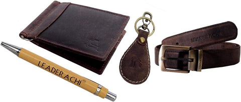 Leaderachi Genuine Hunter Leather RFID Blocking Moneyclip Wallet & Leather Waist Belt with Hunter Leather Designer Key Ring & Wooden Pen Combo Gift Box for Mens (WKPB-1)