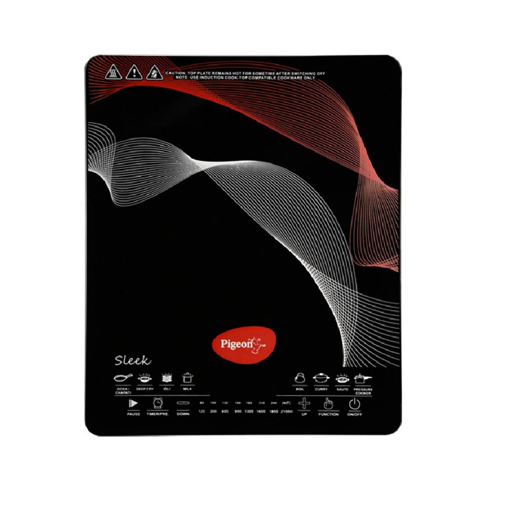 Pigeon by Stovekraft Rapido Sleek 2100 watts with Feather Touch Control, 8 pre-Set menu and Automatic Shut Off Stainless Stee Manual Electric Cooktop with 1 Burner, Black