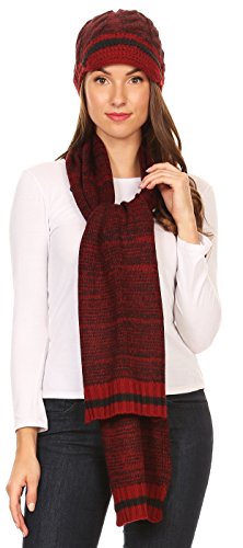 Sakkas 1756 - Theo Unisex Warm Winter Heather and stripes Knit Hat & Scarf Set - Heather red - OS