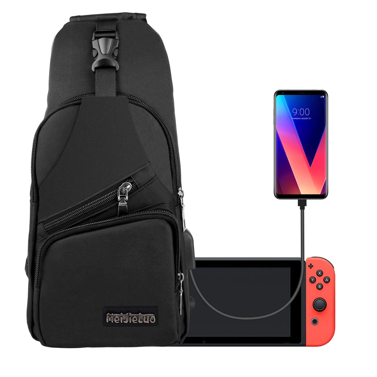 EEEKit Sling Backpack, Small Black Sling Crossbody Backpack Shoulder Bag for Men Women, Backpack Crossbody Travel Bag Joy-Cons and Accessories, Charge Your Phone Via Side USB Charging Interface