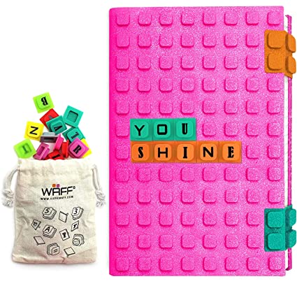 WAFF Girls Pink Personalized 190 Page Notebook Diary - A5 DIY Refillable Glitter Journal With 100 Lego Like Cubes, Blank Lined Journal, Birthday Gift, Secret Diary with Locks for Girls 8-12
