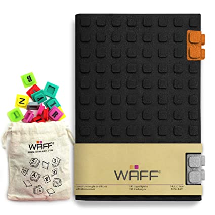 WAFF, Soft Silicone Cube Tiles And Notebook / Journal Combo, Large, 8.25" x 5.5" (+ 100 Cubes) - Glitter Black