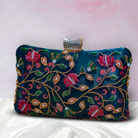 ArtFlyck Floral Hand Embroidered Rectangular Shape Designer Evening Bags,Black Green